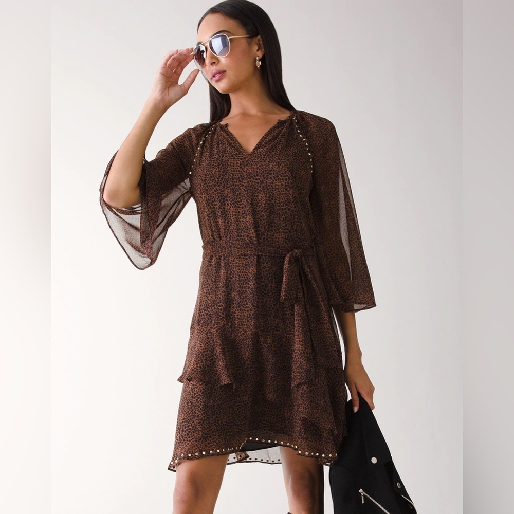 White House Black Market Brown Sheer Animal Print Dress, Size Large